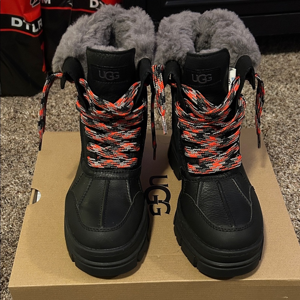 Ashton Addie UGG Black Boots with Gray Fur and Red Laces